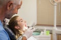 Dentist examining a patients teeth in the dentists chair under bright light Royalty Free Stock Photo