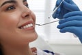 Dentist examining young woman`s teeth in clinic, closeup Royalty Free Stock Photo