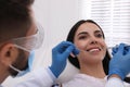 Dentist examining young woman`s teeth in modern clinic Royalty Free Stock Photo