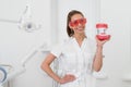 Beautiful dentist girl demonstrates in hand a model of a human jaw