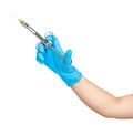 Dentist hand in blue glove holding syringe anesthesia Royalty Free Stock Photo