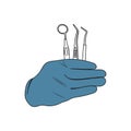 Dentist hand hold dental tools. Line art