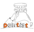 Dentist hand holding drill bit and cures teeth with caries,removing plaque.Banner in doodle style with lettering. Royalty Free Stock Photo