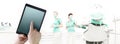 Dentist hand touch digital tablet screen on dental clinic with d