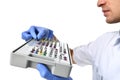 Dentist hands hold medical dental implant tool set