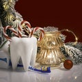 Dentist happy merry christmas and new year tempalte with copy space against red beckground