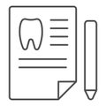 Dentist history thin line icon. Medical paper vector illustration isolated on white. Dental history outline style design