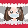 Dentist holding instruments and examining patient teeth. Patient mouth inside view. Teeth examination dentistry concept