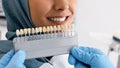 Dentist Holding Teeth Shade Chart Choosing Right Enamel Color For Muslim Patient