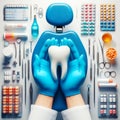 dentist holding a tooth with medicines and utensils around it. Generative Ai