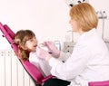 Dentist and little girl dental exam Royalty Free Stock Photo