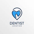 Dentist location logo with line art style and business card design template, teeth, care, location, maps, point, pin, Premium