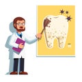 Dentist man showing tooth with caries on poster