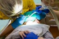 Dentist in mask treats girl kid`s teeth with special stomatological tool in a stomatological room. portrait of a female