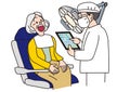 Old Woman sitting and listening to dentist using tablet