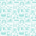 Dentist, orthodontics blue seamless pattern with line icons. Dental care, medical equipment, braces, tooth prosthesis