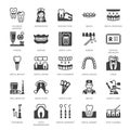 Dentist, orthodontics flat glyph icons. Dental equipment, braces, tooth prosthesis, veneers, floss, caries treatment