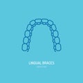 Dentist, orthodontics line icon of lingual braces, teeth alignment. Dental care equipment sign, medical elements. Health