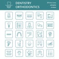 Dentist, orthodontics line icons. Dental care equipment, braces, tooth prosthesis, veneers, floss, caries treatment and