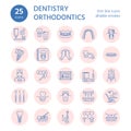 Dentist, orthodontics line icons. Dental care equipment, braces, tooth prosthesis, veneers, floss, caries treatment and