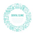 Dentist, orthodontics medical banner with vector line icon of dental care equipment, braces, tooth prosthesis, veneers