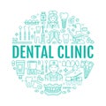 Dentist, orthodontics medical banner with vector line icon of dental care equipment, braces, tooth prosthesis, veneers