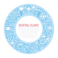 Dentist, orthodontics medical banner with vector line icon of dental care equipment, braces, tooth prosthesis, veneers