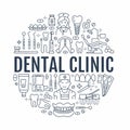 Dentist, orthodontics medical banner with vector line icon of dental care equipment, braces, tooth prosthesis, veneers Royalty Free Stock Photo