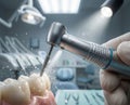 Dentist performs procedure on dental model in clinic while using dental drill and water spray Royalty Free Stock Photo