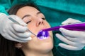 Dentist preventing tooth decay with led curing light on girl.