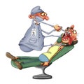The Dentist Removes The Patient S Bad Tooth. Cartoon Caricature On A White Background