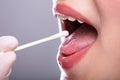 Dentist`s Hand Taking Saliva Test From Woman`s Mouth