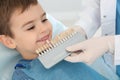 Dentist selecting cute boy`s teeth color with palette