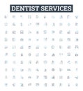 Dentist services vector line icons set. Dentist, Services, Teeth, Cleaning, Fillings, Extractions, Orthodontics Royalty Free Stock Photo