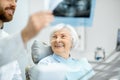 Dentist showing x-ray to the elder woman in the dentall office