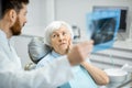 Dentist showing x-ray to the elder woman in the dentall office Royalty Free Stock Photo