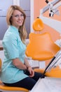 Dentist sitting on dental stool