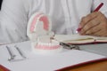 Dentist sitting at table with tooth model and tools in professional dental clinic, dental and medical concept