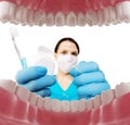 Dentist with tools. Concept of dentistry, whitening, oral hygiene, teeth cleaning with toothbrush, floss. Dentistry, taking care Royalty Free Stock Photo