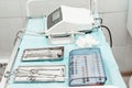 Dentist tools. Dentist workplace equipment set. Health and medicine.