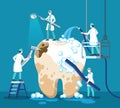 Dentist treating tooth. Small stomatologist, doctor clean big unhealthy tooth with toothpaste, toothbrush, drilling