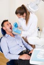 Dentist in uniform is examinating of a young male