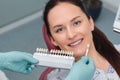 Dentist using shade guide at beautiful smile of woman mouth to check the process of teeth whitening or shades of the implants, Royalty Free Stock Photo