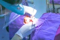 Dentist very carefully check up and repair tooth of his young female patient