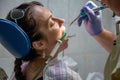 Dentist washes ro water woman patient, private dental clinic