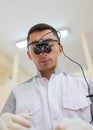 Dentist wearing dental binocular loupes