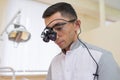 Dentist wearing dental binocular loupes