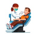 Dentist woman examining patient man teeth, mouth