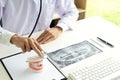 dentist work on the table with Denture and teeth x-ray Royalty Free Stock Photo