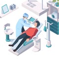 Dentist working. Doctor consulting patient recommendation for hygiene teeth dentist medical cabinet vector isometric